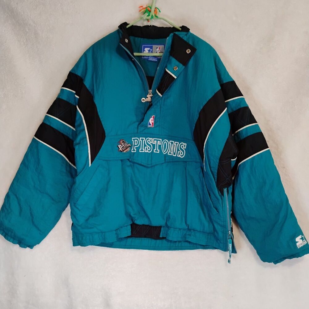 Vintage Starter Detroit Pistons Teal Horsehead Anorak Puffer Jacket Large 90s
